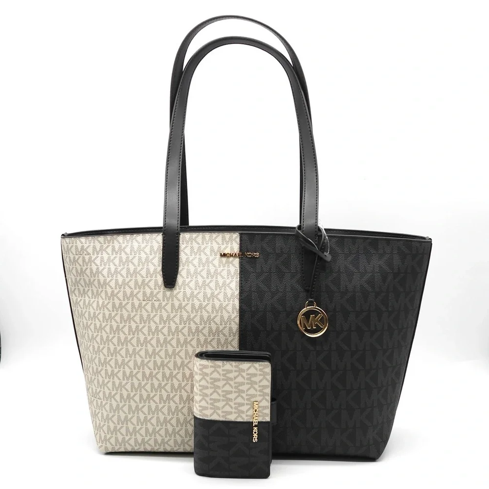 🍓NWT Michael Kors Black and Cream Geometric Tote Set
